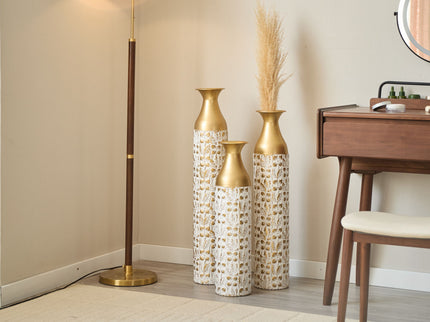 Mother's Day Gift Set Gilded White 3D Relief Flower Metal Vase Set - White / Gold