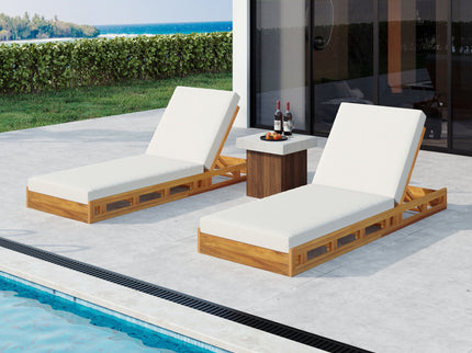 Premium Acacia Wood Lounge Chaise Set With Water Resistant Cushions, Adjustable Recline - Cream / Teak