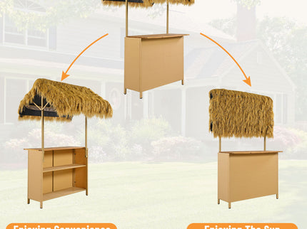 Hawaiian-Style Bar Height Patio Set With PE Grass Canopy, Outdoor Bar Table And Stools With Adjustable Feet, Acacia Wood Top, For Dining And Drinking - Natural