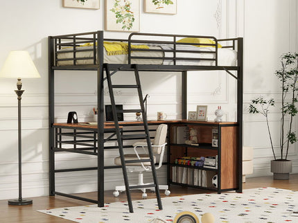 Loft Bed & 3 Layers Of Shelves And L-Shaped Desk