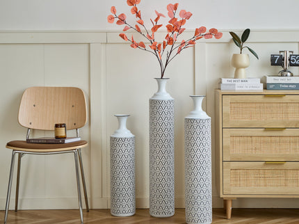 Modern Floor Vase Set Metal Vases With Geometric Pattern, 3 Piece Home Decor Set - White / Black