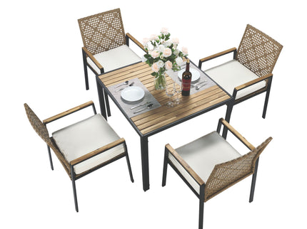 5 Piece Patio Dining Table Set, Acacia Wood Table Top With Umbrella Hole
