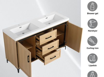 Original 60" Freestanding Bathroom Vanity With Double Resin Sink Plywood Soft Closing Doors & Drawers - Oak