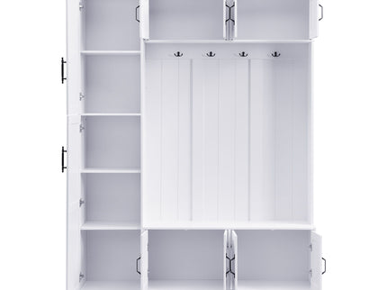 Tall Hall Tree With Shoe Storage, 4 In 1 Entryway Bench With 6 Cabinets, 4 Coat Hooks & Adjustable Shelf For Hallway - White
