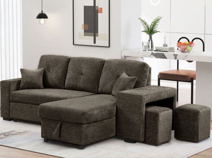 Reversible Sleeper Sectional Sofa Bed With Side Shelf And 2 Stools, Pull-Out L-Shaped Sofa Bed, Corner Sofa-Bed With Storage Chaise Left / Right Hande For Living Room