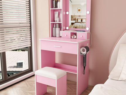 Vanity Table With Mirror, Adjustable LED Lights, Power Outlet, Hairdryer Holder & Stool