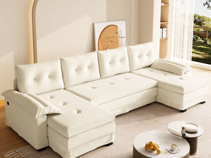 U-Shaped Sleeper Sofa With Pull Out Bed, Removable Armrests & USB Ports For Living Room