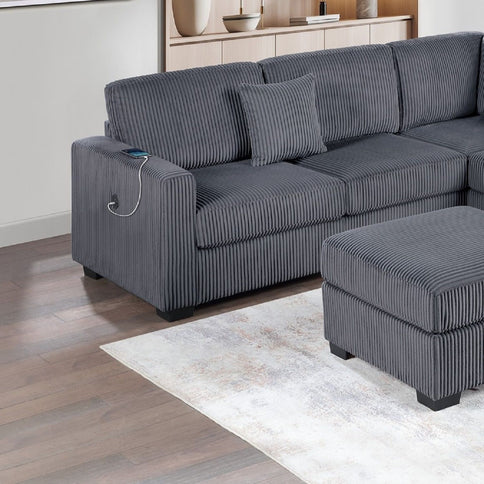 Upholstered L - Shaped 4 Piece Sectional Set With USB, Cocktail Ottoman