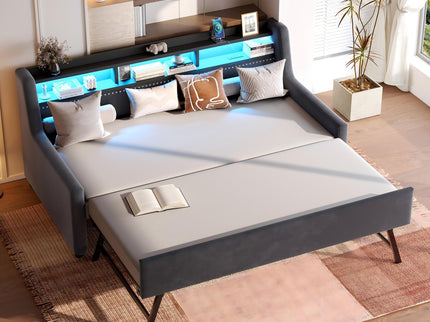Twin Size Daybed With Trundle With LED Light ＆ Charging Station - Dark Gray