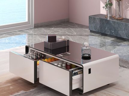 Modern Smart Coffee Table With Built-In Fridge, tooth Speaker, Wireless Charging Module, Touch Control Panel, Power Socket, USB Interface, Outlet Protection, Atmosphere Light