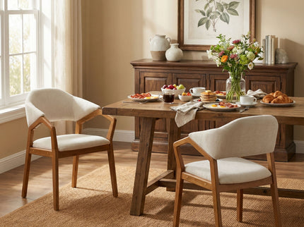 Indoor Upholstered Dining Armchair (Set of 2) - Beige / Teak