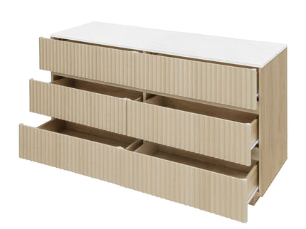 Fluted 6 Drawers Dresser, Double Dresser Chest Of Drawers, Modern Chest Of Drawers With LED, Drawer Organizer For Bedroom, Living Room, Hallway - Natural