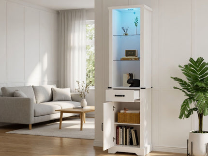 Pantry Cabinet With LED Lights And Barn Door With Tempered Glass Shelves - White