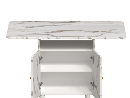 Versatile Marble Folding Dining Table With Storage Rack And Cabinet, 6 Wheels - White