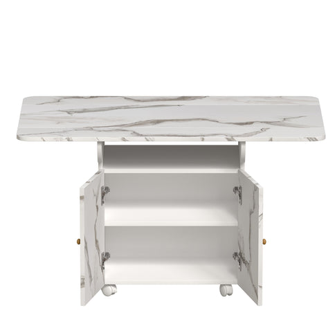Versatile Marble Folding Dining Table With Storage Rack And Cabinet, 6 Wheels - White