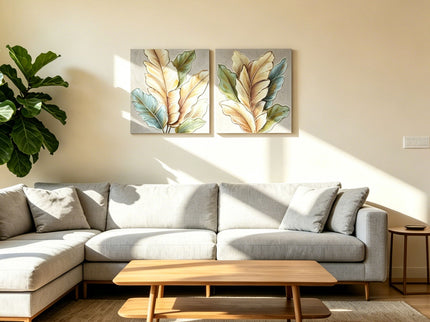 Botanical Leaf Wall Art, Textured Canvas Painting With Accents, Framed Decor For Living Room (Set of 2) - Green Leaf