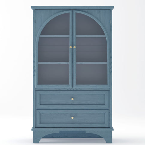 Glass Door Display Case With 2 Drawers And Adjustable Shelf