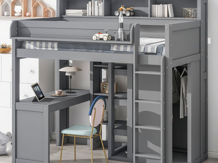 Loft Bed With Built In Desk, Storage Shelves, And Wardrobe