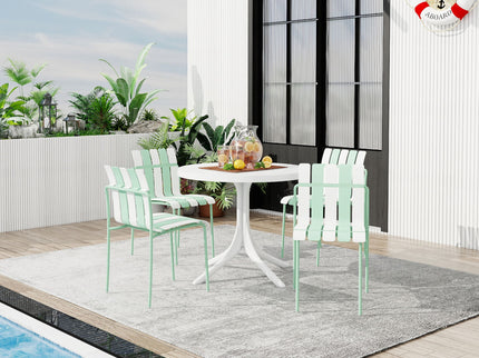 4 Piece Set Of Color Block Designed Single Chairs & Round Table - Cream White / Haze Green / White