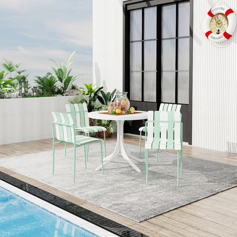 4 Piece Set Of Color Block Designed Single Chairs & Round Table - Cream White / Haze Green / White
