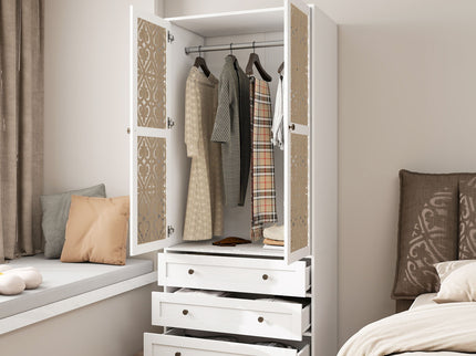 Hollow Pattern 2 Door 3 Drawer Wardrobe, The Collision Of Wood Color, Suitable For Bedrooms And Dressing Rooms - White