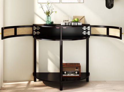 Boho Rattan Semi Circle End Table With Sliding Rattan Door, Storage And Bottom Shelf