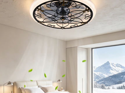 20" Caged Ceiling Fan With Remote Control And Crystal Sand Lampshade - Matte Black