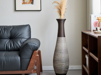 Tall Standing Designer Floor Vase Durable Artificial Rattan Elegant 2 Tone Finish Ideal Decor Accent For Living Room, Bedroom, Entryway Stylish Home Decor Statement Piece - Black / Gray