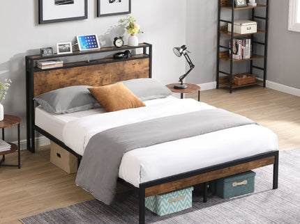 Platform Bed Frame With Wooden Headboard And Footboard, USB Liner