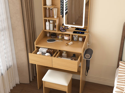 Vanity Table With LED Mirror, Power Outlet, Hairdryer Holder & Padded Stool, Compact Dressing Desk For Small Bedrooms - Wood