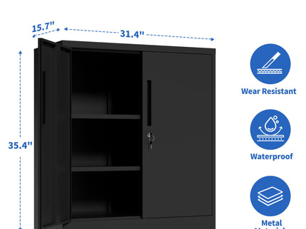 Heavy Duty Storage Cabinet With Lock, 2 Door File Cabinet With 2 Adjustable Shelves - Black
