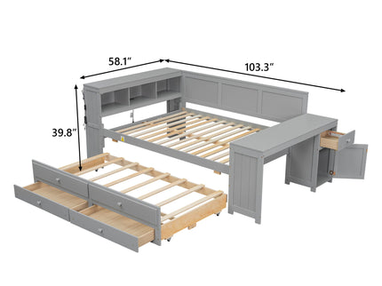 Daybed With Storage Shelves, Drawers, Trundle, Charging Station, LED Light, Desk And Cabinet