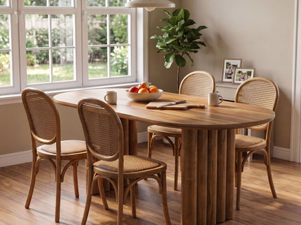 Oval Dining Table Set With 4 Birch Rattan Chairs - Brown / Light Brown