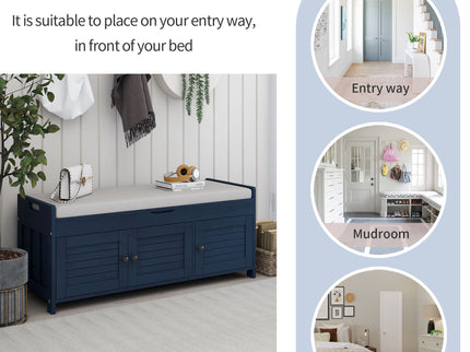 Storage Bench With 3 Shutter-Shaped Doors, Shoe Bench With Removable Cushion And Hidden Storage Space