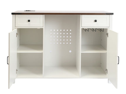 Coffee Bar With Mini Fridge Space & Built In Charging Station, Large Bar Cabinet With Drawers & Adjustable Shelves For Kitchen - White