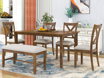 6 Piece Rectangular Dining Table Set With 4 Chairs And Bench