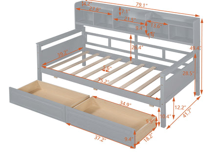Daybed, Slat Support, With Bedside Shelves And 2 Drawers