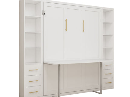 Queen Size Murphy Wall Bed With Side Storage Cabinets - White
