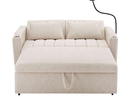 Convertible Sofa Bed Loveseat Sofa With Three USB Ports, Two Side Pockets, Two Cup Holders And 360° swivel Phone Holder For Living Room