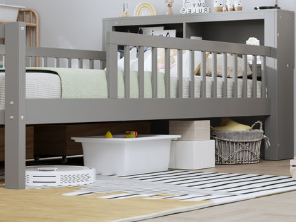 Bed With Headboard Storage Rack, 2 Under Bed Drawers, 3 Side Guardrails For Safety