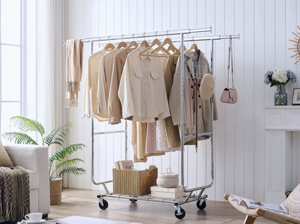 Heavy Duty Double Clothing Garment Rack With Shelves - Silver