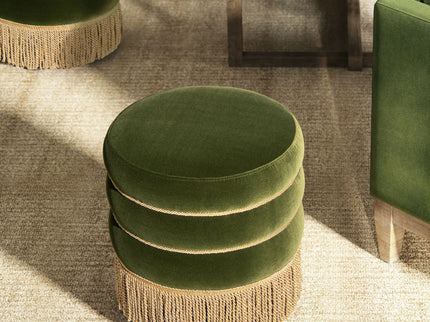 Edward - Round Upholstered Ottoman With Bullion Fringe - Olive Green