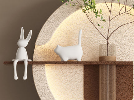Adjustable 3 Color LED Sandstone Double Disc Wall Art With Simulated Greenery, Vase & Rabbit Statue - Light Coffee