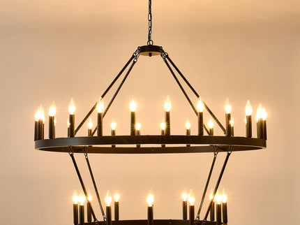 2 Tiers Wagon Wheel Chandelier Wooden Farmhouse 36 Light (24 / 12) Or (12 / 24) Metal Chandeliers 2 Story Light Fixtures Industrial For High Ceiling Living Dining Room Foyer, Adjustable Height - Black