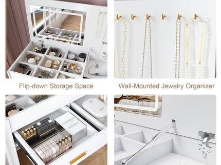 Flip Top Vanity Desk With LED Mirror & Outlet Makeup Table With 2 Drawers, Open Storage, And Jewelry Hooks - White