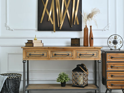 Accent Storage Console Table With Open Shelf And 3 Drawers For Living Room - Natural Wood / Brown