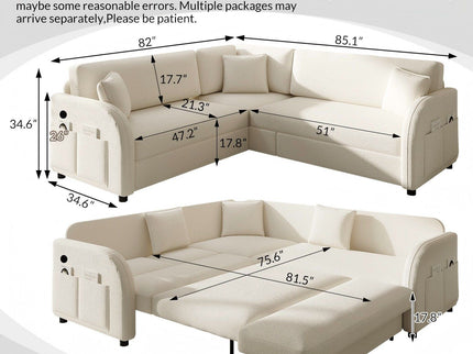 L-Shaped Couch With Pull-Out Bed, Oversize Convertible Sleeper Sofa With Side Pocket & USB Port