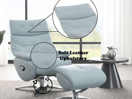 Janella - Top Grain Leather Accent Chair With Swivel & Ottoman - Baby Blue