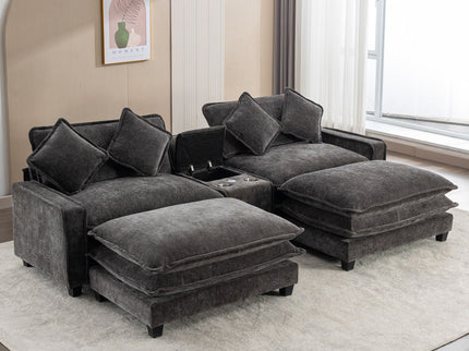 Modern Sectional Sofa With Removable Ottomans, USB Ports