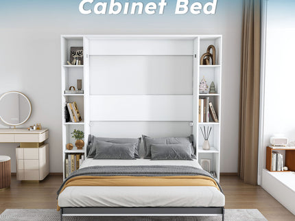 Queen Murphy Bed With Storage Cabinet, Foldable Wall Bed For Bedrooms - White